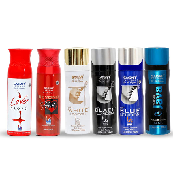 DEO 6 PCS COMBO WHITE LONDON & BLACK LONDON & BLUE LONDON  & JAVA & LOVE DROPS & BEYOND HEART